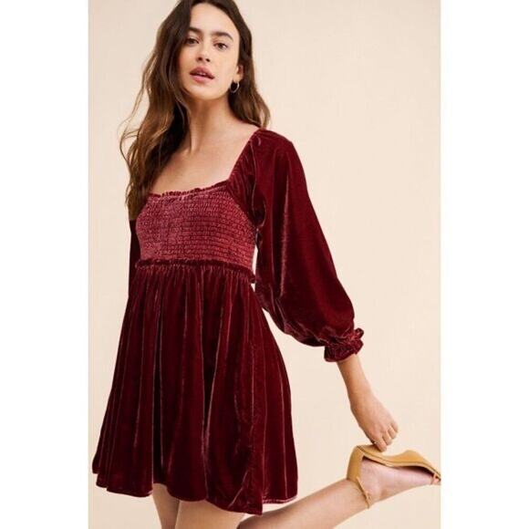 Free People Women Small Daphne Velvet Sleeve Mini Dress Roan Rouge Boho Western - Picture 2 of 12